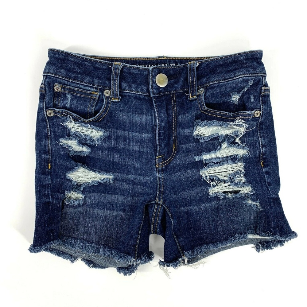 American Eagle Shortie Denim Shorts Blue Hi Rise Distressed AEO - Picture 1 of 8